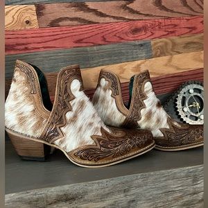 💯Hand Tooled Floral Leather Genuine Hide-on Women Bootie Boot Boho Western Shoe